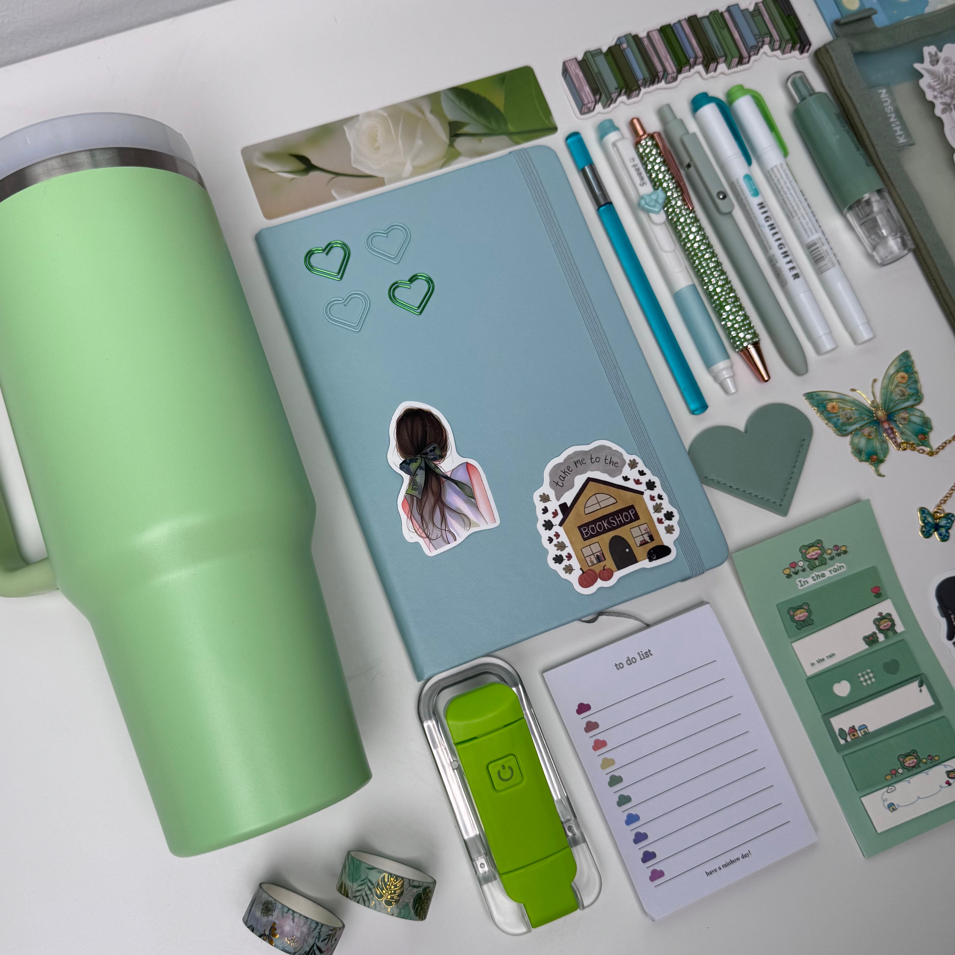 Soft green stationery set + tumbler